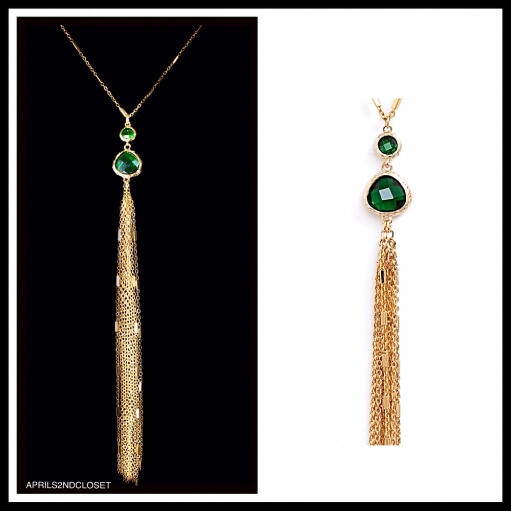 LONG EMERALD STONE TASSEL LONG NECKLACE A2C - Picture 5 of 8